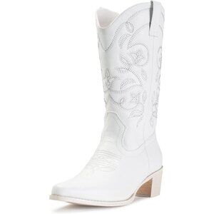 Women's White Cowboy Boots Pointy Toe Western Boots Cowgirl Boots Mid Calf Boot